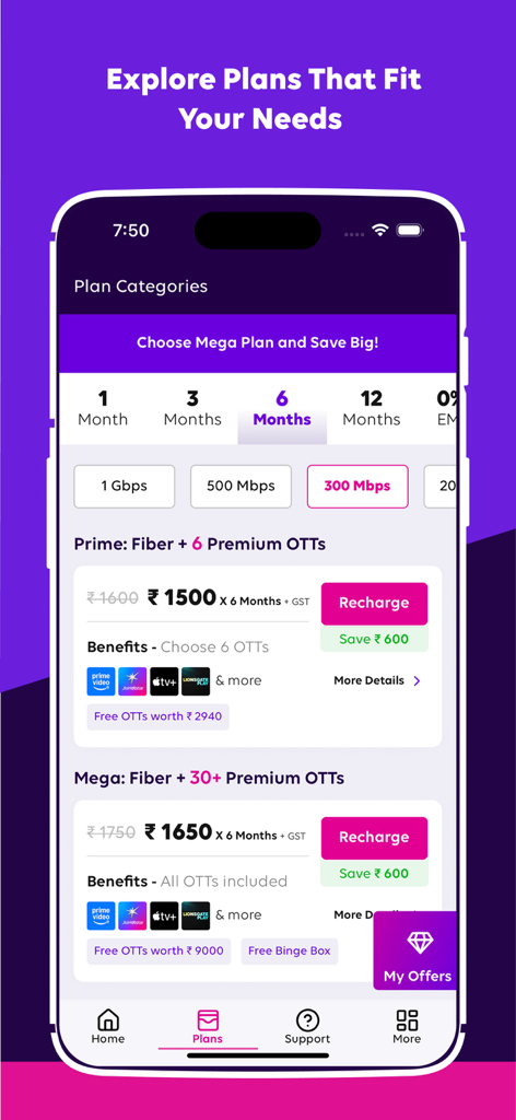 Tata Play Fiber app interface showing various broadband plans with internet speeds and OTT subscription benefits