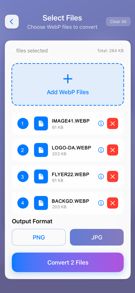 WebP to PNG & JPEG Converter - Interfaccia dell'app mobile che mostra un elenco di file WebP selezionati per la conversione in formato PNG o JPG
