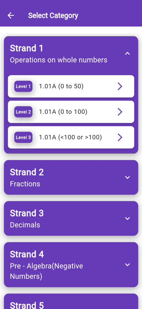 Workbook Generator - Workbook Generator app screen showing math categories and difficulty levels for kids math practice