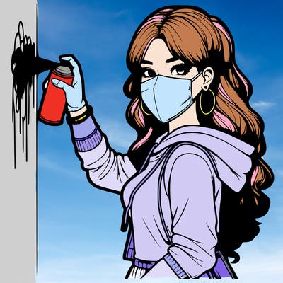 realistic girl with mask spray painting a wall