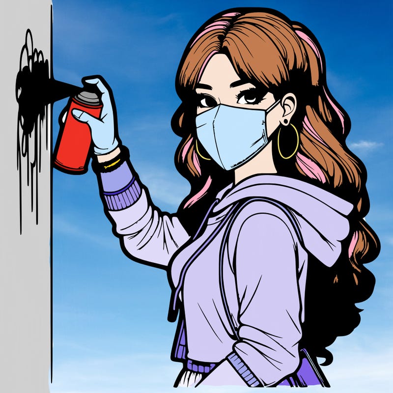 realistic girl with mask spray painting a wall