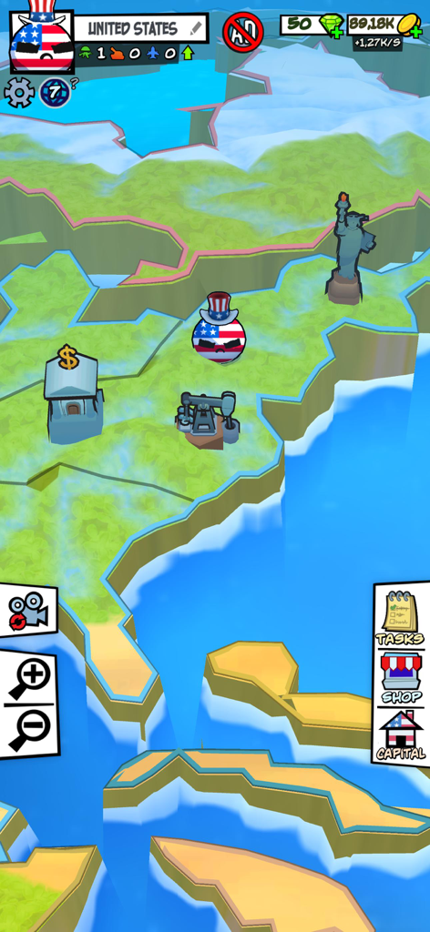 A USA country ball character on a 3D world map featuring the Statue of Liberty and resource buildings in the game Country Balls Battle World.