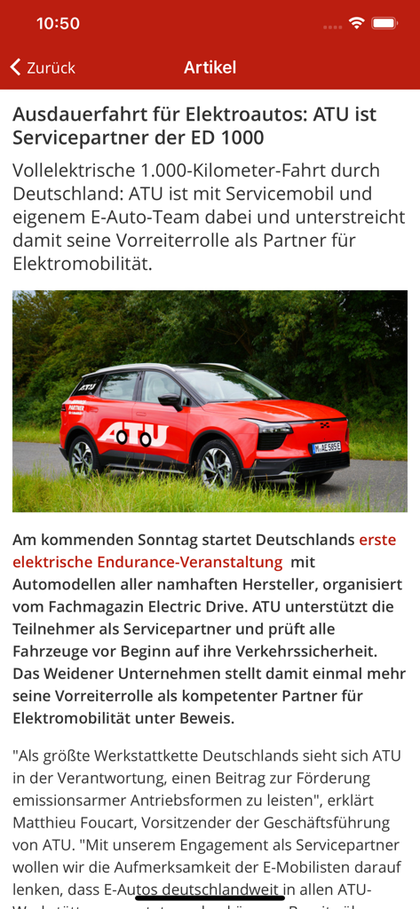 ATU now - A news article screen in the ATU now app showing a red electric service vehicle and information about an endurance drive event