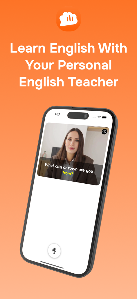 Smartphone che mostra l'app Versa con un avatar AI dall'aspetto umano che pone una domanda di conversazione in inglese.