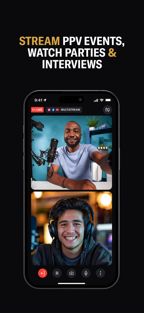 Split-screen live stream of two people in a video interview on the MILLIONS mobile app