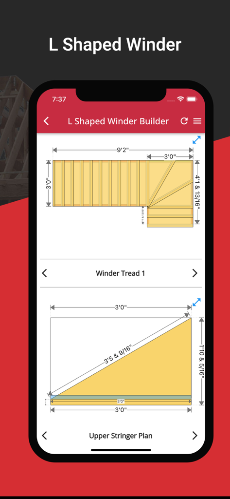 RedX Stairs - 3D Calculator - Mobile app interface displaying detailed measurements and technical diagrams for an L-shaped winder staircase