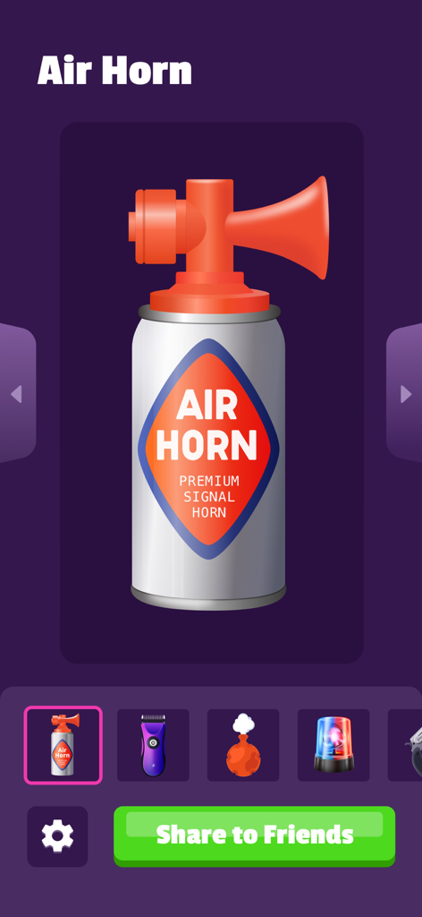 Interface of the Air Horn and Fart Sounds Prank app featuring a large air horn icon and various sound options at the bottom
