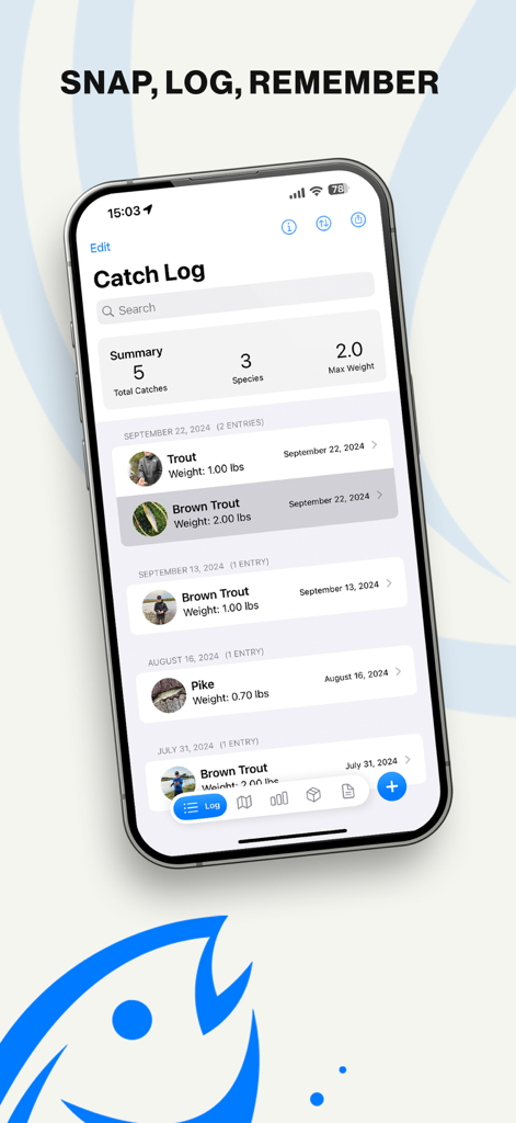 FishM - Fishing Log - FishM mobile app displaying a detailed catch log with species and weight data