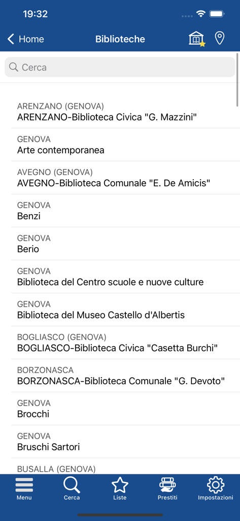 A searchable directory of libraries in the bi.G.met. app showing a list of locations within the Metropolitan Library System of Genoa.