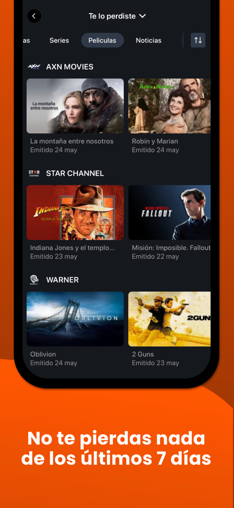 EDONON TV - Euskaltel - EDONON TV app interface showing a selection of movies available for catch-up viewing from the last seven days