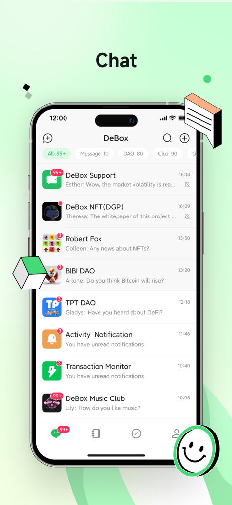 DeBox: Messenger Crypto Wallet - DeBox mobile app chat screen showing a list of crypto groups and DAO community messages