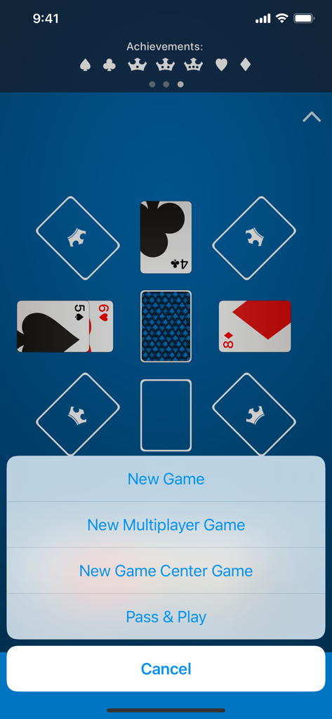 King's Corner game menu showing options for new game, multiplayer, and pass and play mode