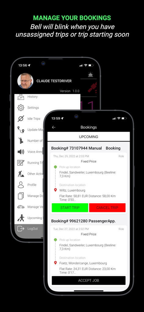TaxiController Driver - TaxiController Driver app screen displaying upcoming bookings with pick up and destination locations and a navigation menu