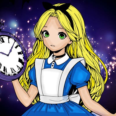 realistic alice in wonderland holding a large watch