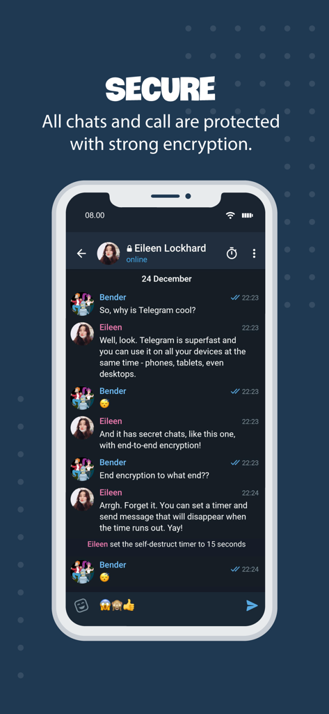 Aplicativo Tele Messenger mostrando uma conversa de chat criptografada segura