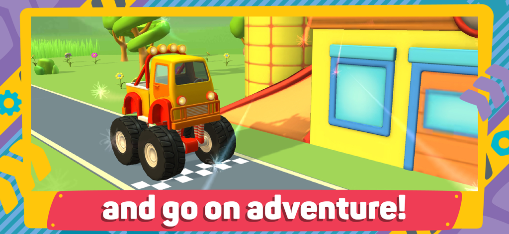 明るい3Dカートゥーン環境で、チェッカーフラッグのフィニッシュラインを越える黄色いモンスタートラック。