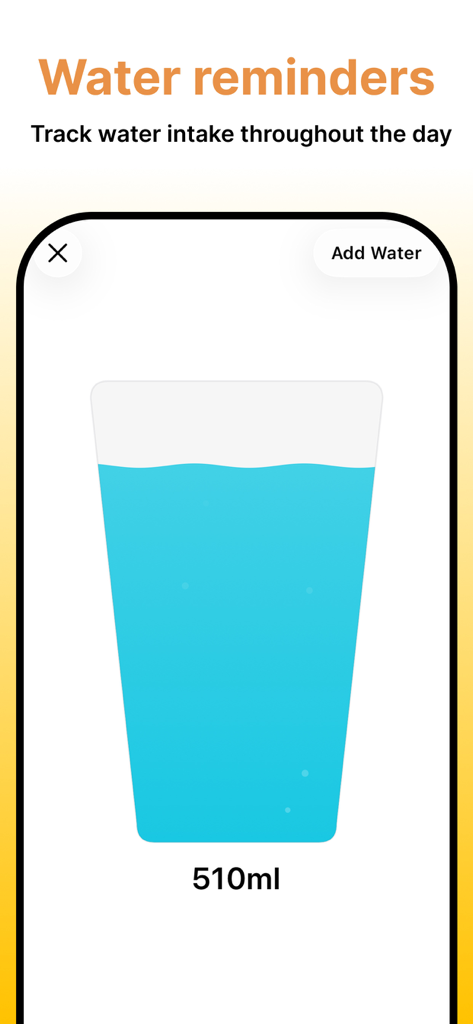 Meal Reminder - MealNow - A minimalist mobile app screen for tracking water intake showing a blue glass icon and a volume of 510ml.
