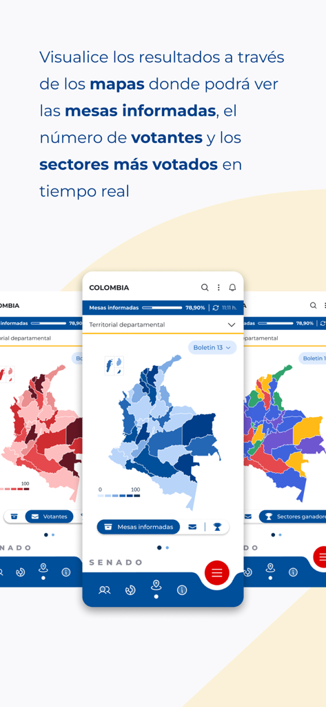 Resultados Congreso 2026 - コロンビアの議会選挙結果と有権者統計が色分けされた地図を表示するモバイルアプリ画面。
