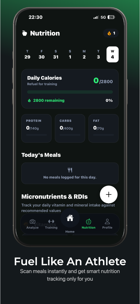 Footly: AI Soccer Coach. - Pantalla de seguimiento nutricional en la aplicación Footly que muestra los objetivos diarios de calorías y macronutrientes para jugadores de fútbol.