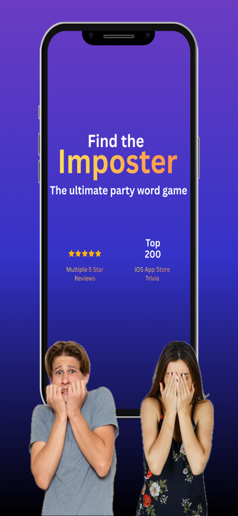Imposter - Party Word Game - テキスト「Find the Imposter」と書かれたインポスター - パーティーワードゲームのプロモ画面