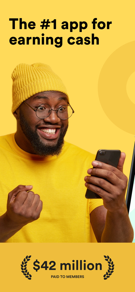 Eureka: Earn money for surveys - Um homem feliz olhando para o celular com um texto afirmando que o Eureka pagou quarenta e dois milhões de dólares aos membros