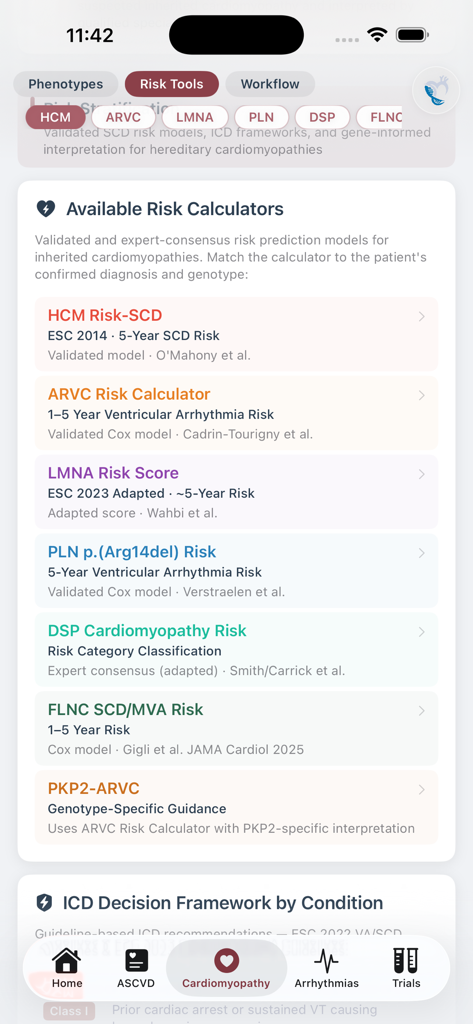 CardioGenetics - Interface of the CardioGenetics mobile app showing a list of validated clinical risk calculators for inherited cardiomyopathies.