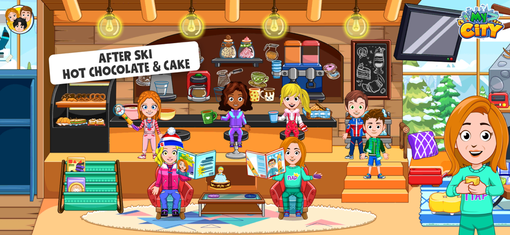 My City : Ski Resort - Cartoon characters enjoying hot chocolate and cake in a cozy ski resort lounge