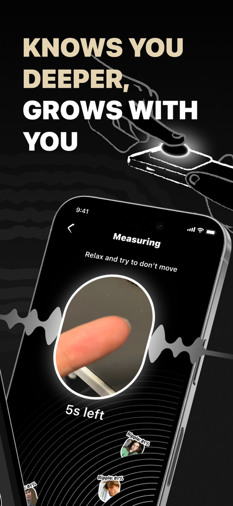 SoulSync: Connect Beyond Words - SoulSync app interface measuring emotional energy through biometric finger touch.