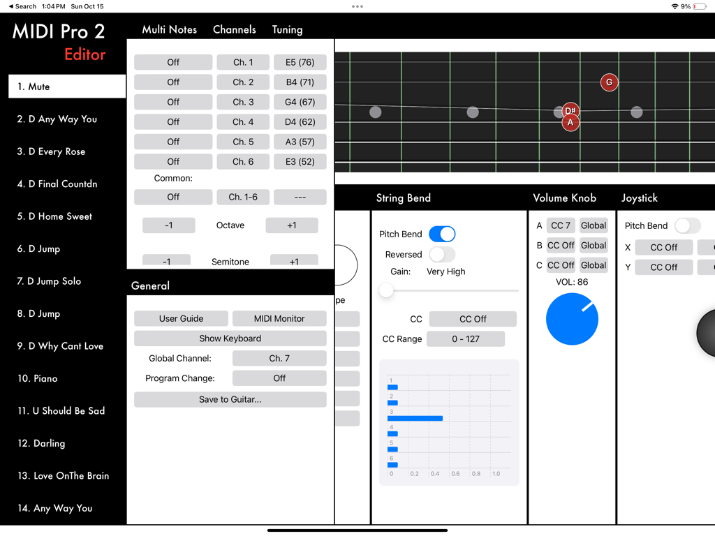 MIDI Pro Editor - Interface of the MIDI Pro Editor app showing guitar preset lists, parameter settings, and a digital fretboard visualization.