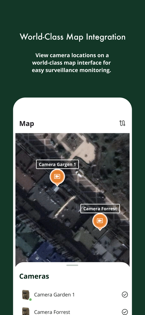 Burrel - Satellite map view in the Burrel app showing trail camera locations.