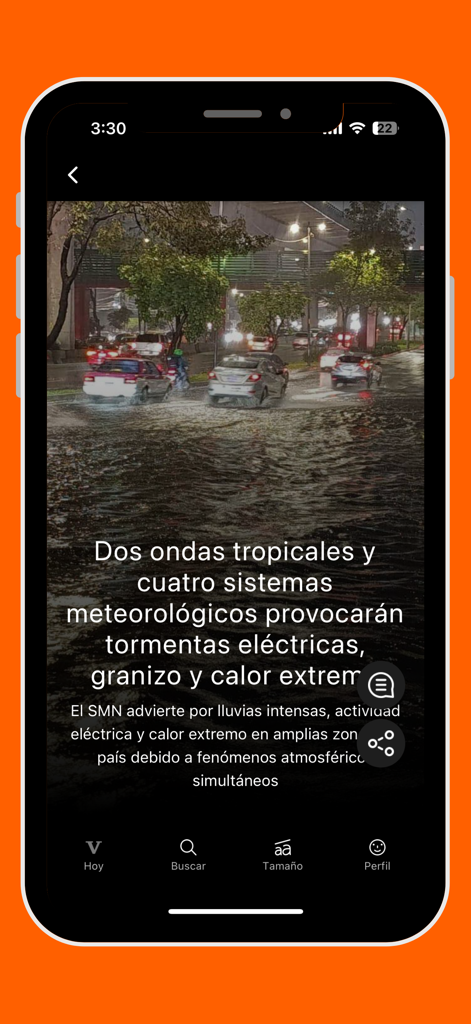 Aplicación de noticias Vanguardia que muestra una alerta meteorológica por tormentas tropicales con una imagen de una calle inundada.