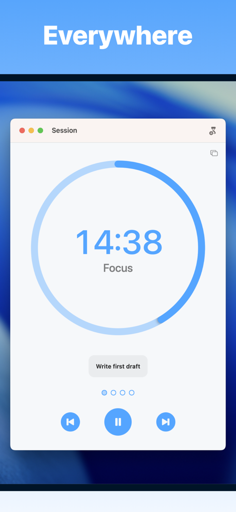Focus - Timer for Productivity - Focus app productivity timer interface on Mac showing a countdown session for writing