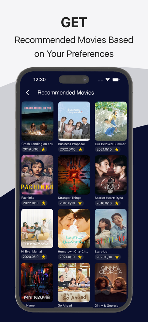 Una colección de pósteres de películas y series recomendadas con calificaciones y años de lanzamiento en la aplicación Time movies.
