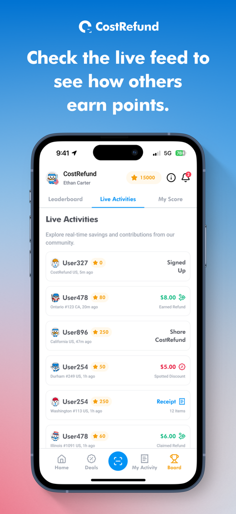 CostRefund app screenshot showing a live feed of community savings, earned refunds, and spotted discounts at Costco.