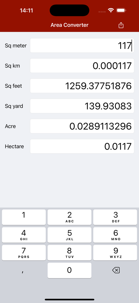 Area Converter - A screenshot of the Area Converter app interface showing various area unit fields like square meter, square feet, and acre with a numeric keypad for input.
