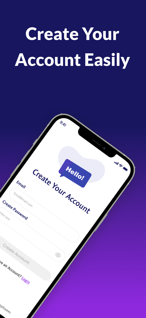 Flexijob - Flexible Shifts - Interfaz para crear una nueva cuenta en la app Flexijob con campos para correo electrónico y contraseña.