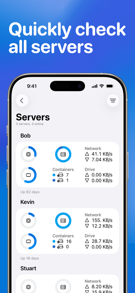 複数のDockerサーバーのリアルタイムメトリクスとコンテナステータスを表示するWhaleDeckモバイルダッシュボード。