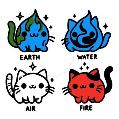 4 cats that represent the different elements, earth, water, air, and fire