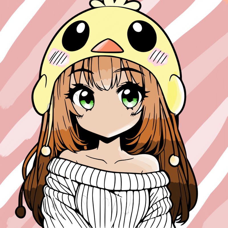 anime girl with chick shaped hat with sweater with bare shoulders with bangs covering them one eye with low tail