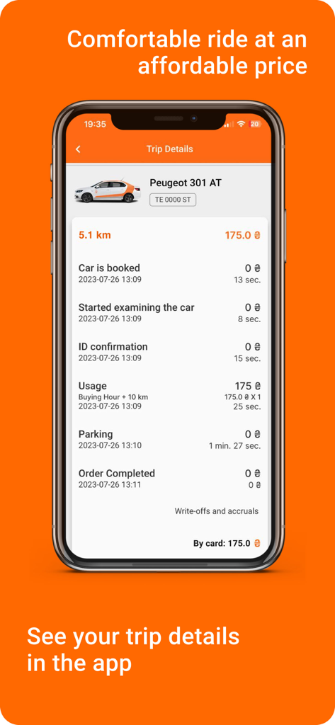 Smartphone screen showing Getmancar trip details and carsharing rental costs