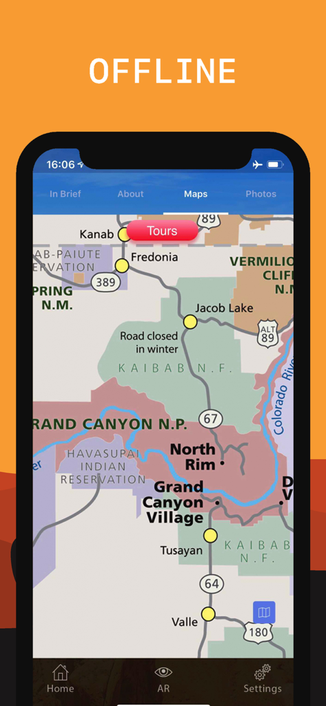 그랜드 캐니언 국립공원 앱의 노스 림과 그랜드 캐니언 빌리지 오프라인 지도 스크린샷