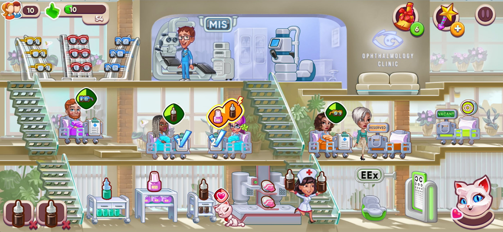 Doctor Dash 2: Clinic ASMR - Enfermera gestionando pacientes en una clínica oftalmológica de varios niveles con un gato blanco