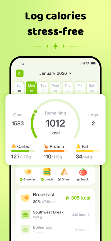 모바일 앱 인터페이스에 스트레스 없는 칼로리 및 다량 영양소 추적 대시보드가 표시됨