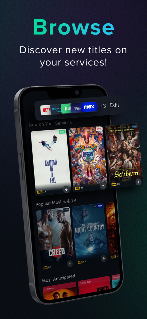 Pantalla de exploración de la aplicación Reelgood que muestra títulos de películas de varios servicios de streaming.