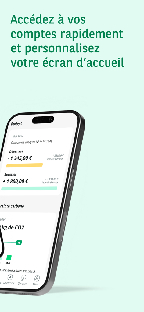 L'application Mes Comptes BNP Paribas affiche un écran d'accueil personnalisé avec des widgets de suivi budgétaire et d'empreinte carbone.