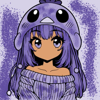 anime girl with chick shaped hat with sweater with bare shoulders with bangs covering them one eye with low tail