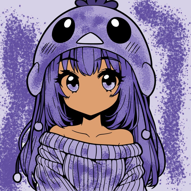 anime girl with chick shaped hat with sweater with bare shoulders with bangs covering them one eye with low tail