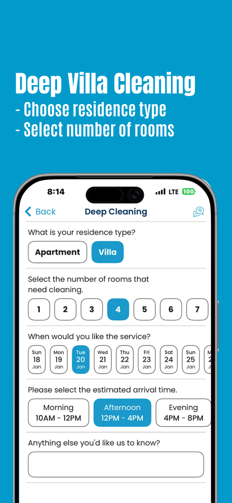 CleanLine - CleanLine mobile app interface for booking a deep villa cleaning service showing residence and room selection