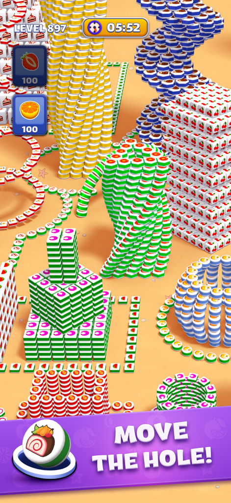 Gameplay of Tiles In Hole Black Hole showing colorful stacks of tiles and a hole skin