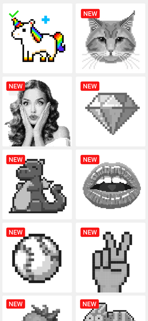 A grid of various pixel art designs to color including animals and objects